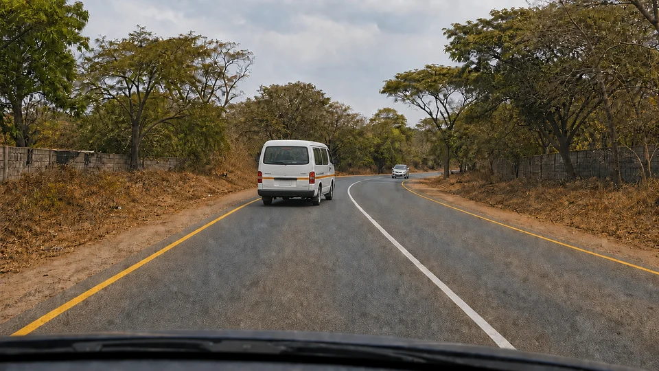Driver’s view from the left lane, following an orange-banded white minibus towards a bend; a solid white centre line separates the oncoming car and yellow lines mark the road edges