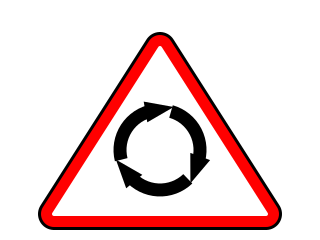 Red-bordered triangle with black curved arrows arranged in a circle