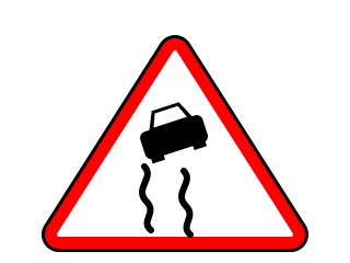 Red-bordered triangle showing a car above curved tyre tracks