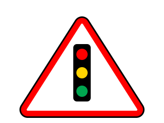 Red-bordered triangle showing a vertical signal with red, yellow and green lights